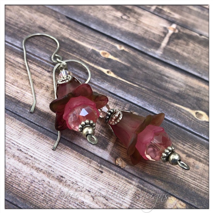 Victorian Rose Fairy Flower Drop Earrings in Antique Silver, Lucite Flower Earrings