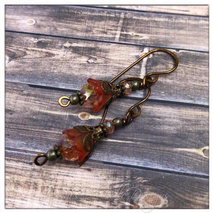 Strawberry Fairy Flower Pixie Drop Earrings in Antique Bronze, Lucite Flower Earrings