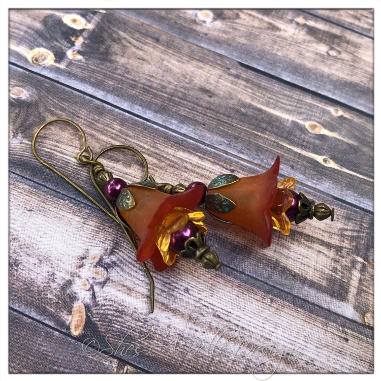 Autumn Fairy Flower Drop Earrings in Antique Bronze Patina, Lucite Flower Earrings