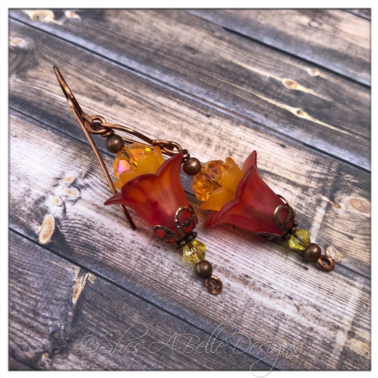 Spindle Berry Fairy Flower Drop Earrings in Antique Copper, Lucite Flower Earrings
