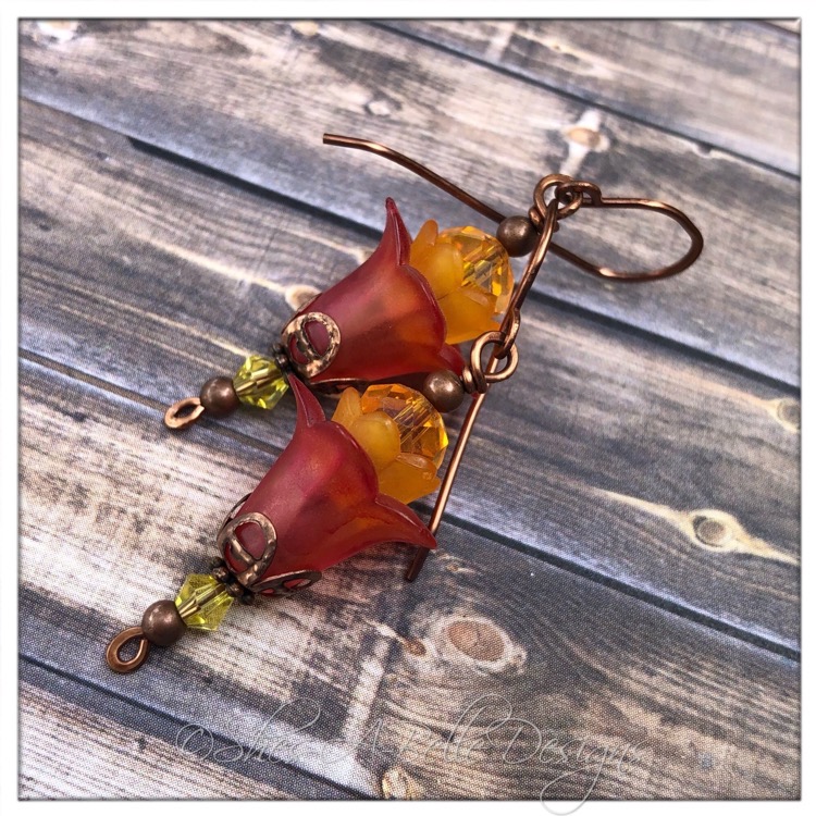 Spindle Berry Fairy Flower Drop Earrings in Antique Copper, Lucite Flower Earrings