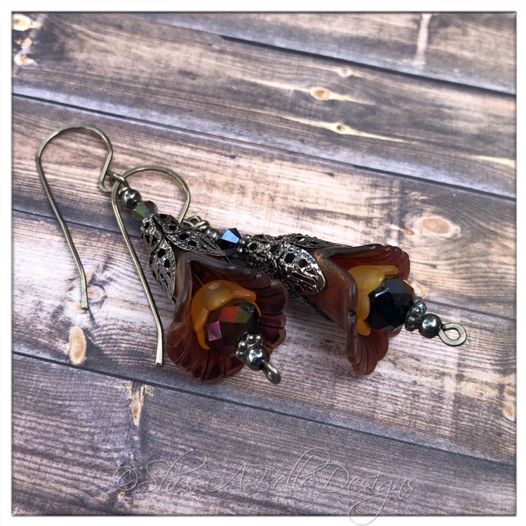Autumn Fairy Flower Drop Earrings in Gunmetal, Lucite Flower Earrings