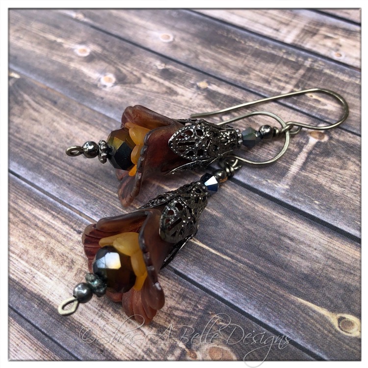 Autumn Fairy Flower Drop Earrings in Gunmetal, Lucite Flower Earrings