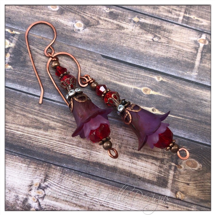 Blackberry Fairy Flower Drop Earrings in Antique Copper, Lucite Flower Earrings