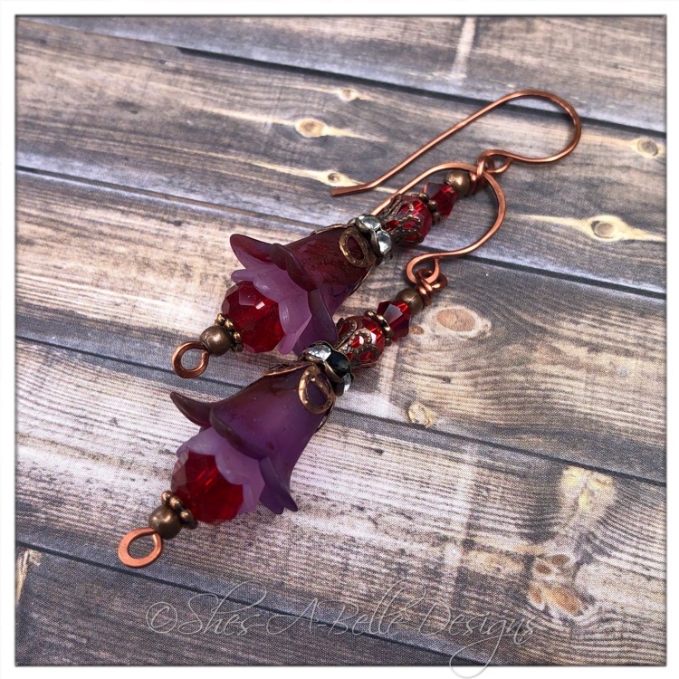 Blackberry Fairy Flower Drop Earrings in Antique Copper, Lucite Flower Earrings