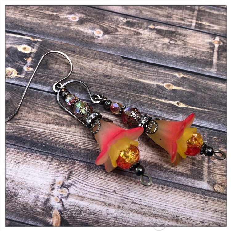 Strawberry Lemonade Fairy Flower Drop Earrings in Gunmetal, Lucite Flower Earrings