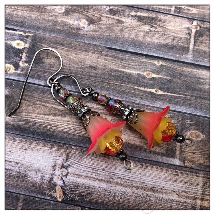 Strawberry Lemonade Fairy Flower Drop Earrings in Gunmetal, Lucite Flower Earrings