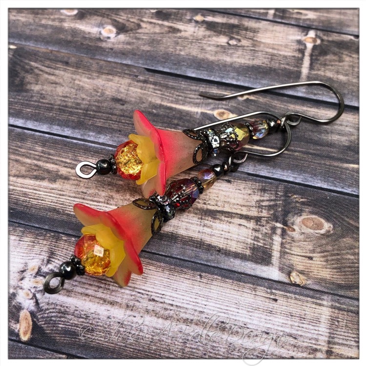 Strawberry Lemonade Fairy Flower Drop Earrings in Gunmetal, Lucite Flower Earrings