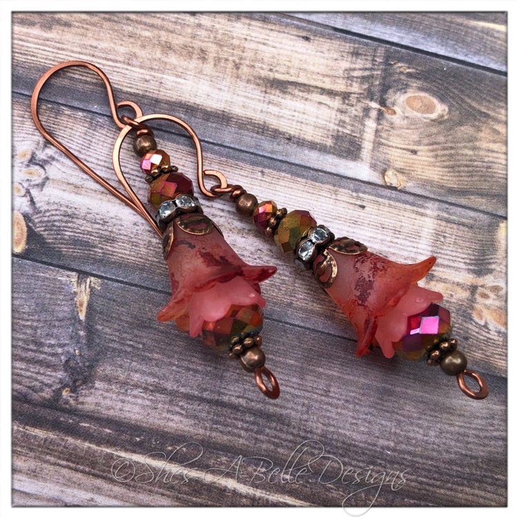 Cherry Blossom Fairy Flower Drop Earrings in Antique Copper, Lucite Flower Earrings
