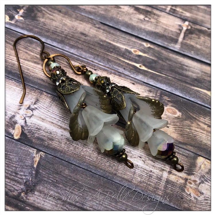 Snowflake Fairy Flower Trumpet Trail Earrings in Antique Bronze, Lucite Flower Earrings