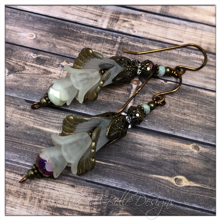 Snowflake Fairy Flower Trumpet Trail Earrings in Antique Bronze, Lucite Flower Earrings