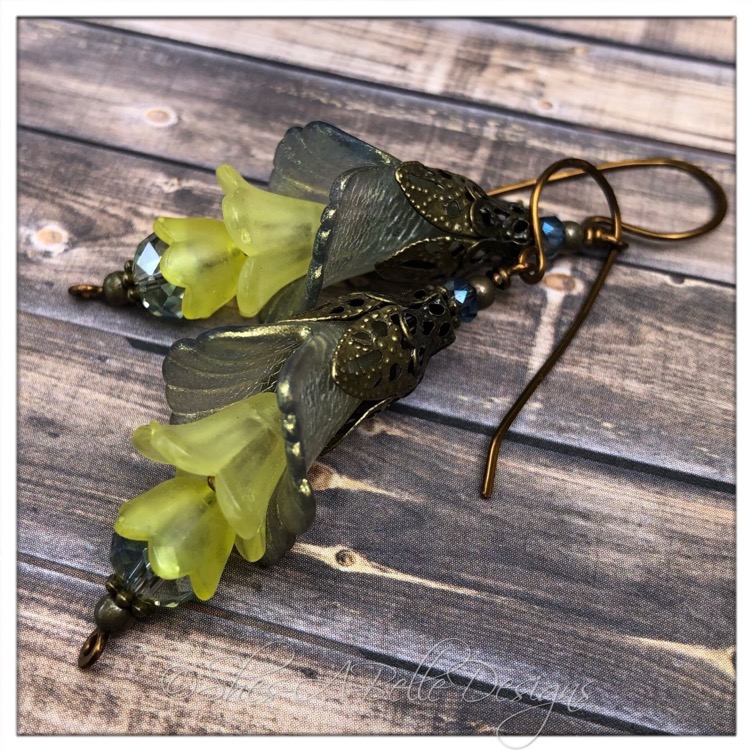 Blueberry Lemonade Fairy Flower Trumpet Trail Earrings in Antique Bronze, Lucite Flower Earrings