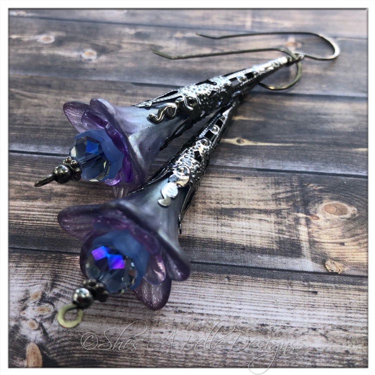 Morning Glory Fairy Flower Trumpet Earrings in Gunmetal, Lucite Flower Earrings