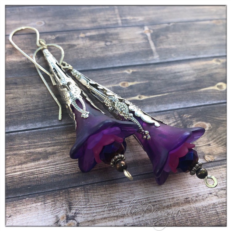 French Lilac Fairy Flower Trumpet Earrings in Antique Silver, Lucite Flower Earrings