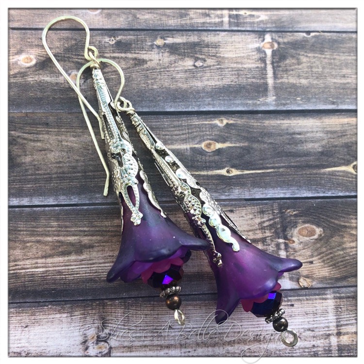 French Lilac Fairy Flower Trumpet Earrings in Antique Silver, Lucite Flower Earrings