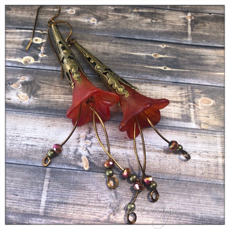 Autumn Fairy Flower Trumpet Cascade Earrings in Antique Bronze, Lucite Flower Earrings