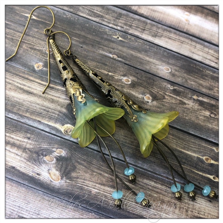 Lime Tree Fairy Flower Trumpet Cascade Earrings in Antique Bronze, Lucite Flower Earrings