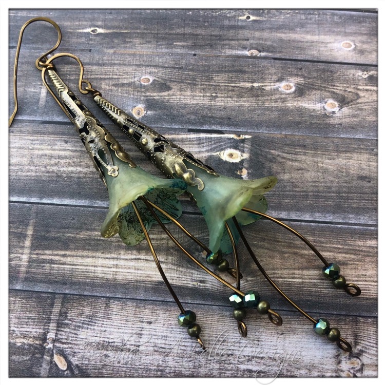 Summertime Fairy Flower Trumpet Cascade Earrings in Antique Bronze, Lucite Flower Earrings