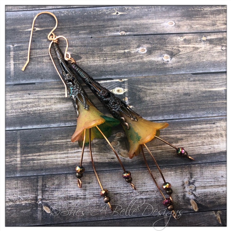 Orange Blossom Fairy Flower Trumpet Cascade Earrings in Antique Copper, Lucite Flower Earrings