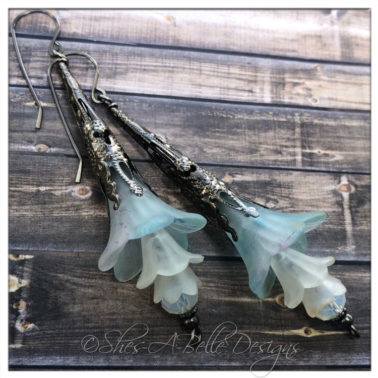 Frost Fairy Flower Trumpet Double Drop Earrings in Gunmetal, Lucite Flower Earrings