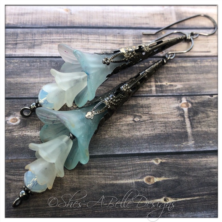 Frost Fairy Flower Trumpet Double Drop Earrings in Gunmetal, Lucite Flower Earrings