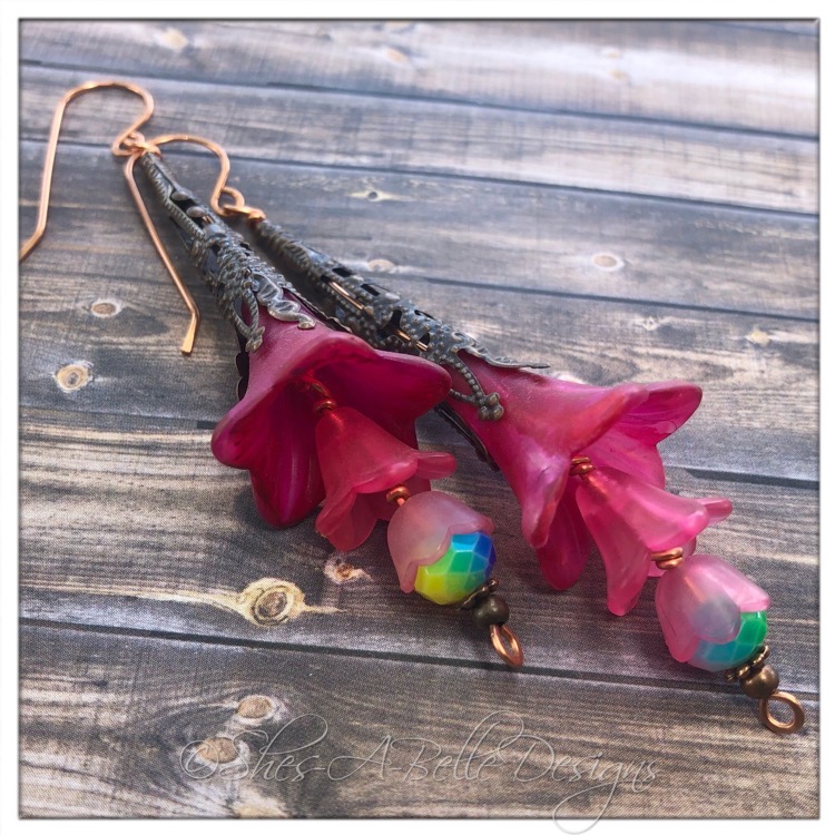 Party Fairy Flower Trumpet Drop Earrings n Antique Copper, Lucite Flower Earrings