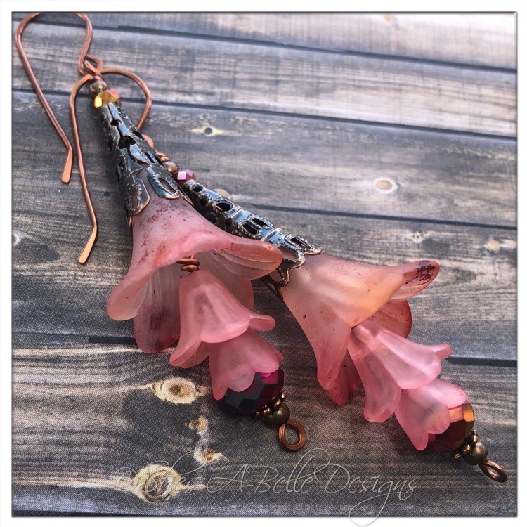 Cherry Blossom Fairy Flower Trumpet Trail Earrings in Antique Copper, Lucite Flower Earrings
