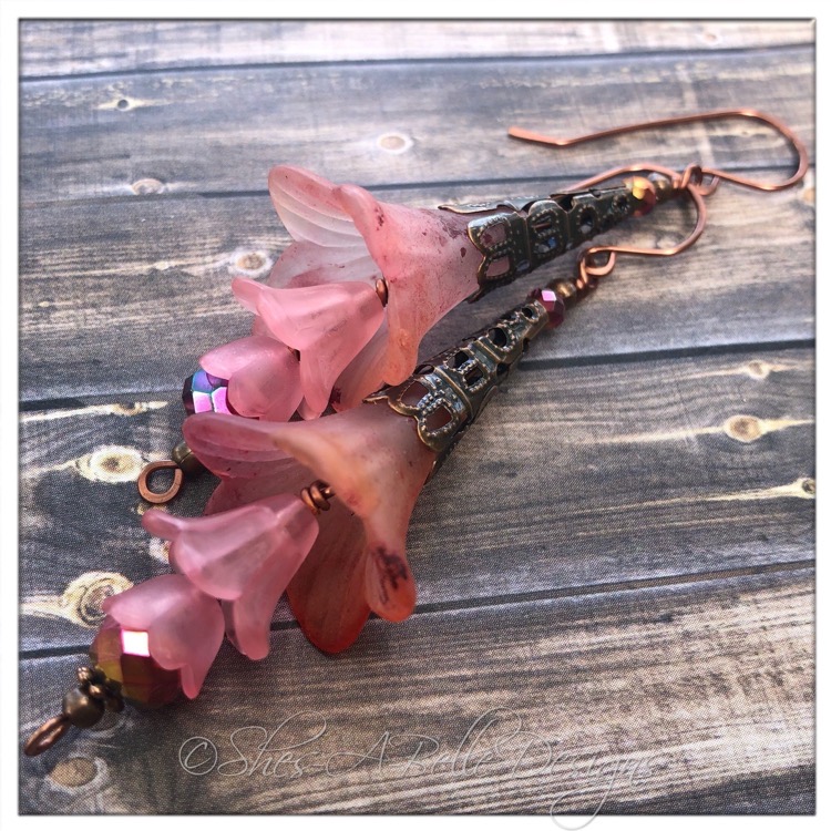 Cherry Blossom Fairy Flower Trumpet Trail Earrings in Antique Copper, Lucite Flower Earrings
