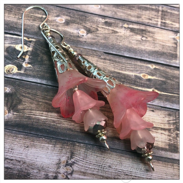 Apple Blossom Fairy Flower Trumpet Drop Earrings in Bright Silver, Lucite Flower Earrings