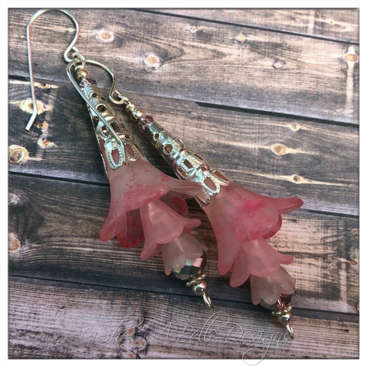 Apple Blossom Fairy Flower Trumpet Drop Earrings in Bright Silver, Lucite Flower Earrings