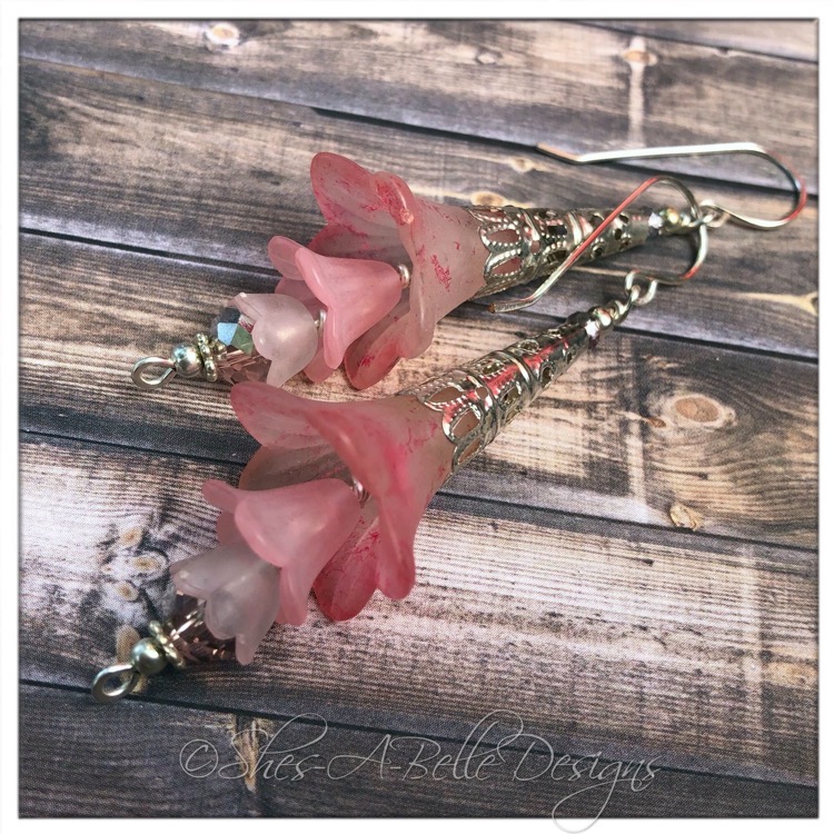 Apple Blossom Fairy Flower Trumpet Drop Earrings in Bright Silver, Lucite Flower Earrings