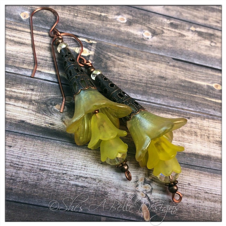 Citrus Fairy Flower Trumpet Trail Earrings in Antique Copper, Lucite Flower Earrings