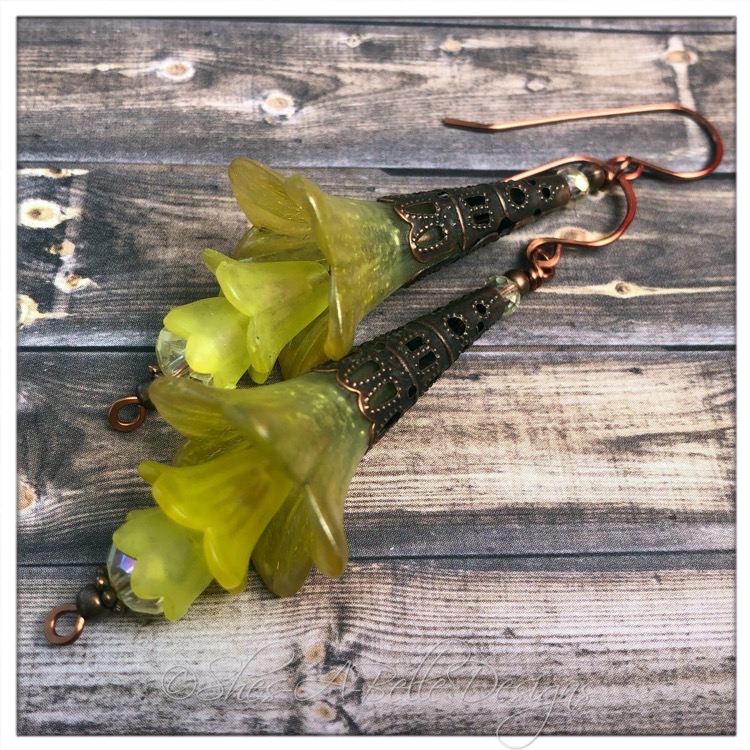 Citrus Fairy Flower Trumpet Trail Earrings in Antique Copper, Lucite Flower Earrings