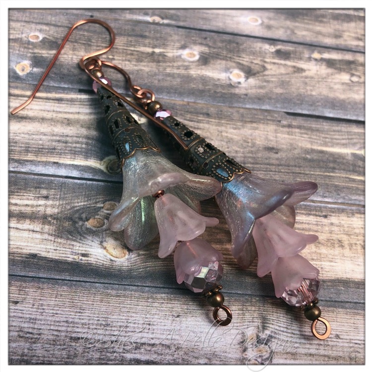 Canterbury Bell Fairy Flower Trumpet Trail Earrings in Antique Copper, Lucite Flower Earrings