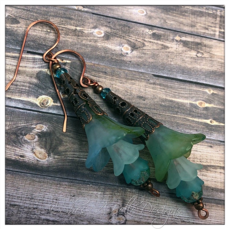 Tropics Fairy Flower Trumpet Trail Earrings in Antique Copper, Lucite Flower Earrings