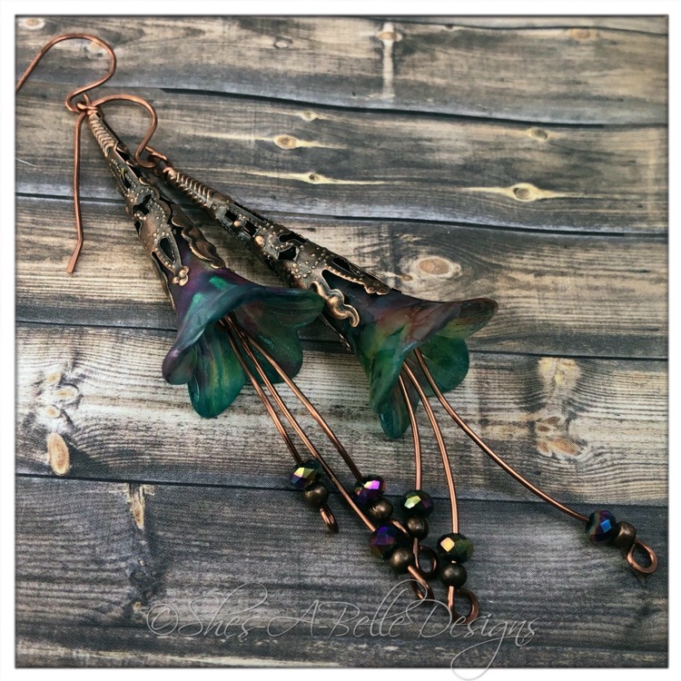 Rainbow Fairy Flower Trumpet Cascade Earrings in Antique Copper, Lucite Flower Earrings