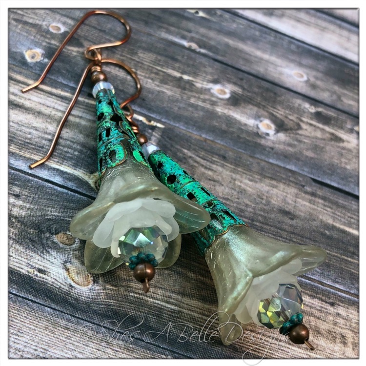 Snowflake Fairy Flower Trumpet Drop Earrings in Antique Copper Patina, Lucite Flower Earrings