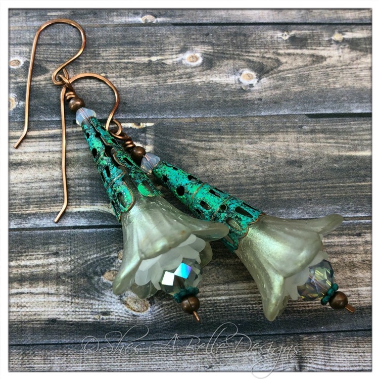 Snowflake Fairy Flower Trumpet Drop Earrings in Antique Copper Patina, Lucite Flower Earrings