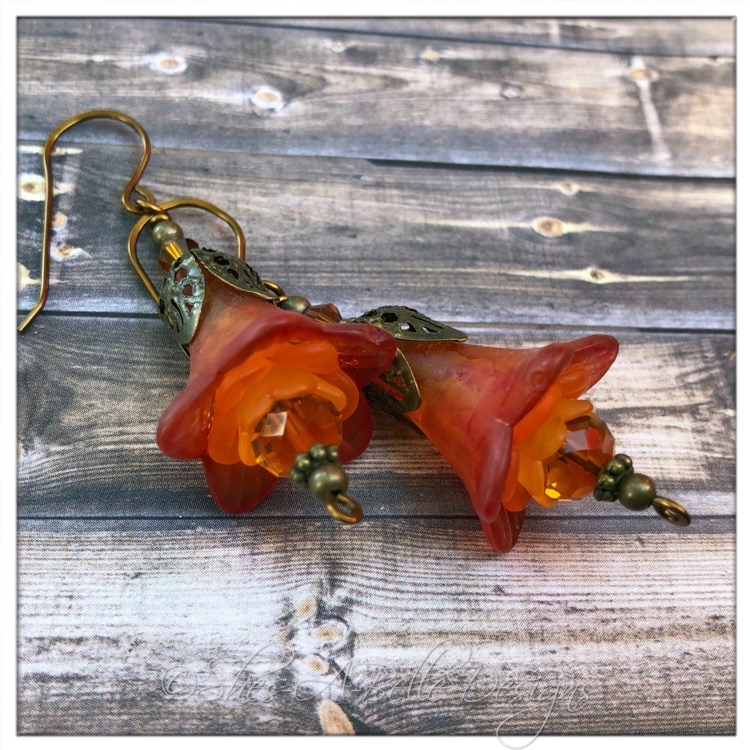 Fiery Sunset Fairy Flower Trumpet Drops in Antique Bronze, Lucite Flower Earrings