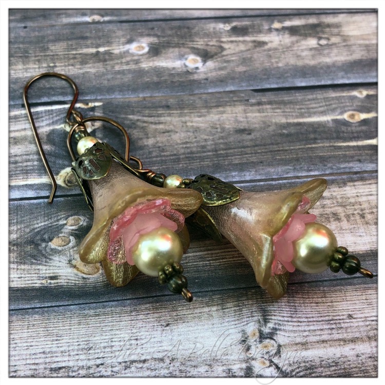 Victorian Rose Fairy Flower Trumpet Drop Earrings in Antique Bronze, Lucite Flower Earrings