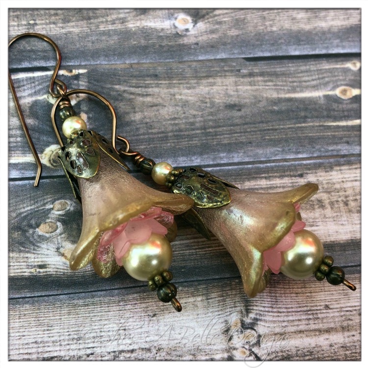 Victorian Rose Fairy Flower Trumpet Drop Earrings in Antique Bronze, Lucite Flower Earrings