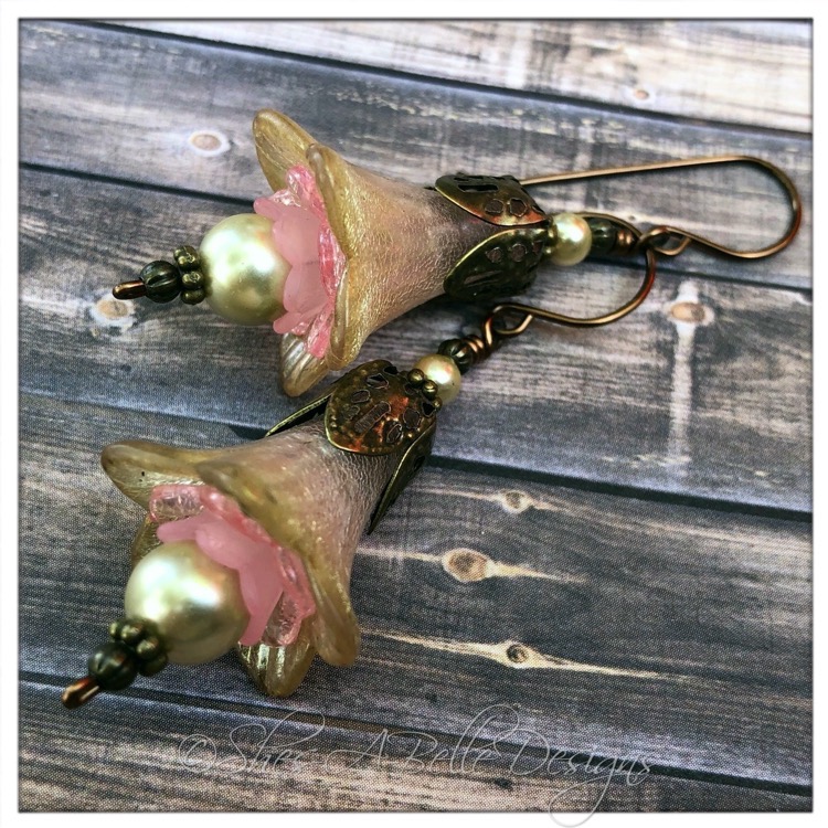 Victorian Rose Fairy Flower Trumpet Drop Earrings in Antique Bronze, Lucite Flower Earrings