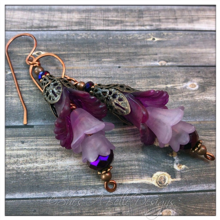 Wild Grapevine Fairy Flower Trumpet Trail Earrings in Antique Copper, Lucite Flower Earrings