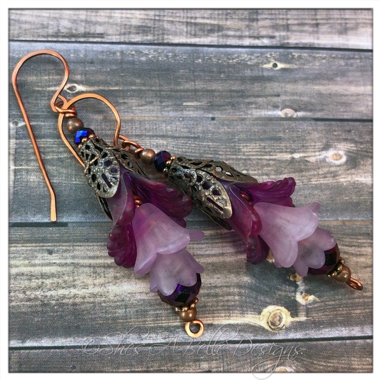 Wild Grapevine Fairy Flower Trumpet Trail Earrings in Antique Copper, Lucite Flower Earrings