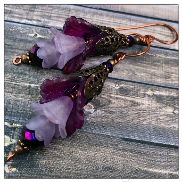 Wild Grapevine Fairy Flower Trumpet Trail Earrings in Antique Copper, Lucite Flower Earrings
