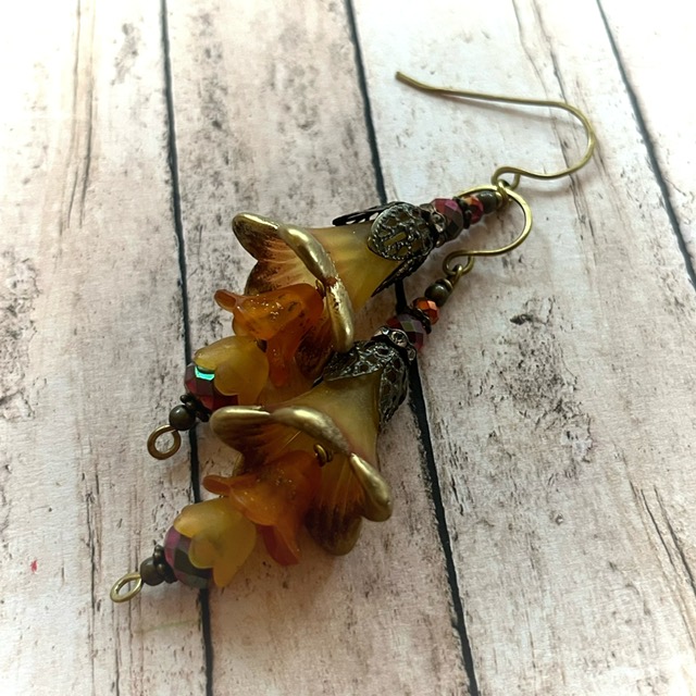 Autumn Fairy Flower Trumpet Trail Earrings in Antique Bronze, Lucite Flower Earrings