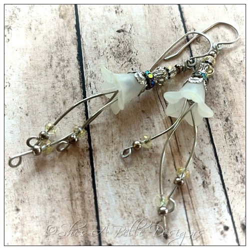 Lemon Drop Fairy Flower Cascade Earrings in Antique Silver, Lucite Flower Earrings