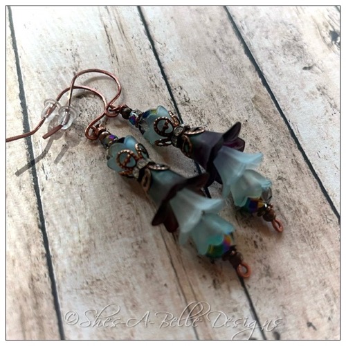 Blue Spruce Fairy Flower Vine Earrings in Antique Copper, Lucite Flower Earrings