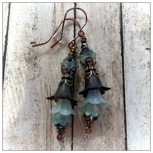 Blue Spruce Fairy Flower Vine Earrings in Antique Copper, Lucite Flower Earrings