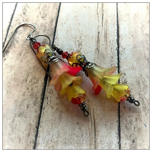 Strawberry Fairy Flower Vine Earrings in Gunmetal, Lucite Flower Earrings
